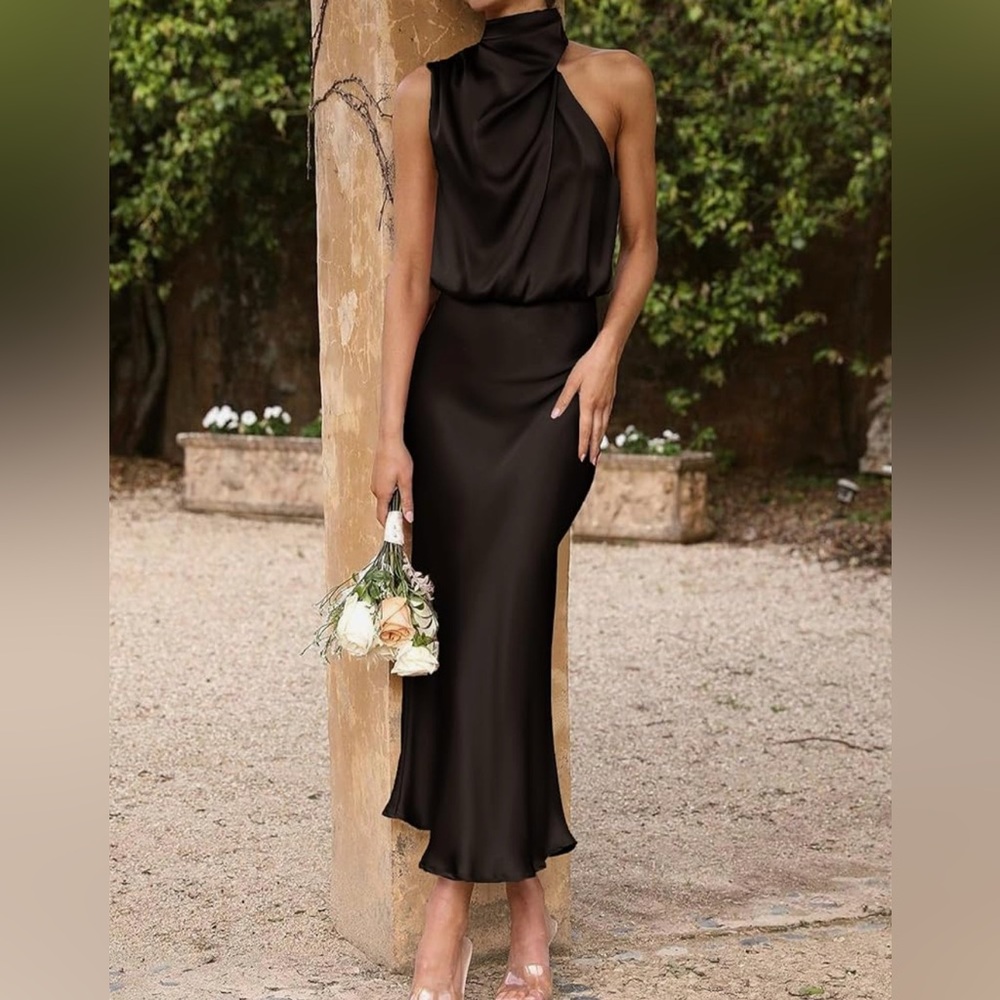 Elegant Black Sleeveless Mock Neck Satin/Silk Maxi Dress